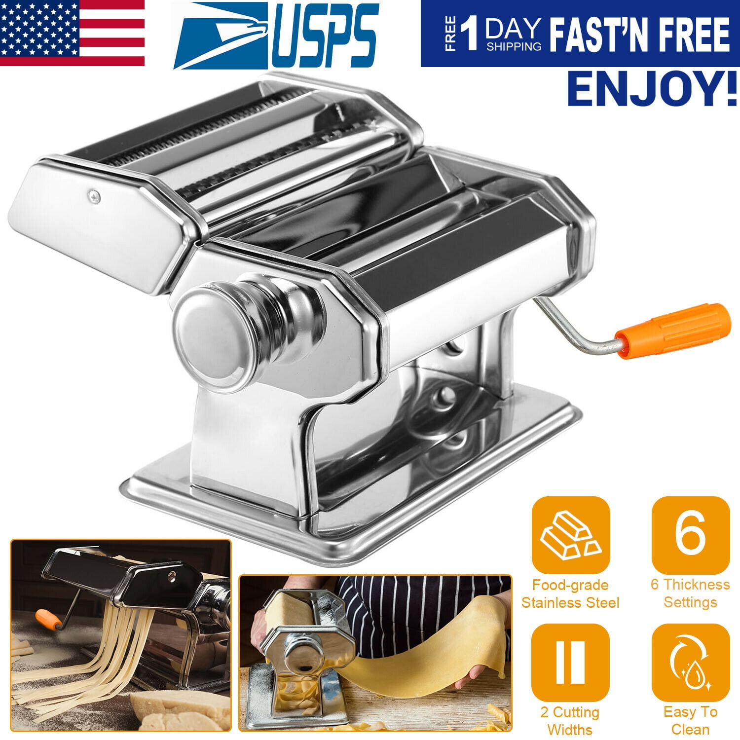 Pasta Maker, Stainless Steel Pasta Machine with 6 Thickness Settings