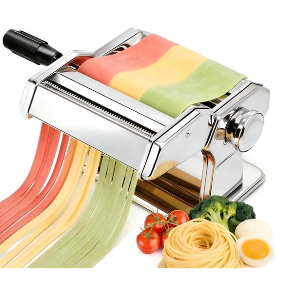 Pasta Maker Machine, Stainless Steel Pasta Machine Manual Roller Pasta Maker with 7 Thickness Settings for Spaghetti Linguine Fettuccine Lasagne, Includes Dough Cutter & Hand Crank