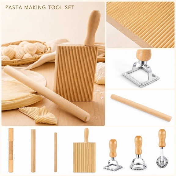 Pasta Making Tool Set, Natural Beech Wood 7 Piece Homemade Pasta Board Rolling Pin Kit, For Home Kitchen Baking DIY Gnocchi Spiral Pasta Cavatini Noodle Dough Preparation