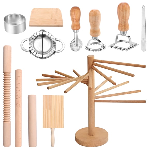 Pasta Making Tools Kit Efficient Pasta Making Set with Drying Rack Wooden Threaded Rolling Pin Gnocchi Board Dough Cutter Dumpling Maker Multi Purpose Ravioli Maker Set for Kitchen