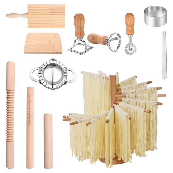 12 Pcs Pasta Making Tools Kit Efficient Pasta Making Set with Drying Rack Wooden Threaded Rolling Pin Gnocchi Board Dough Cutter Dumpling Maker Multi Purpose Ravioli Maker Set for Kitchen
