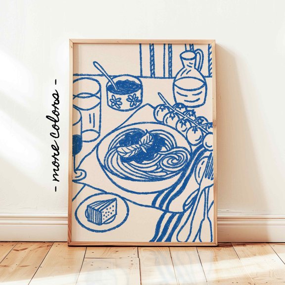 Pasta Night Table Printable, Navy Blue Italian Food Poster, Retro Minimal Kitchen Wall Decor, Poster Only