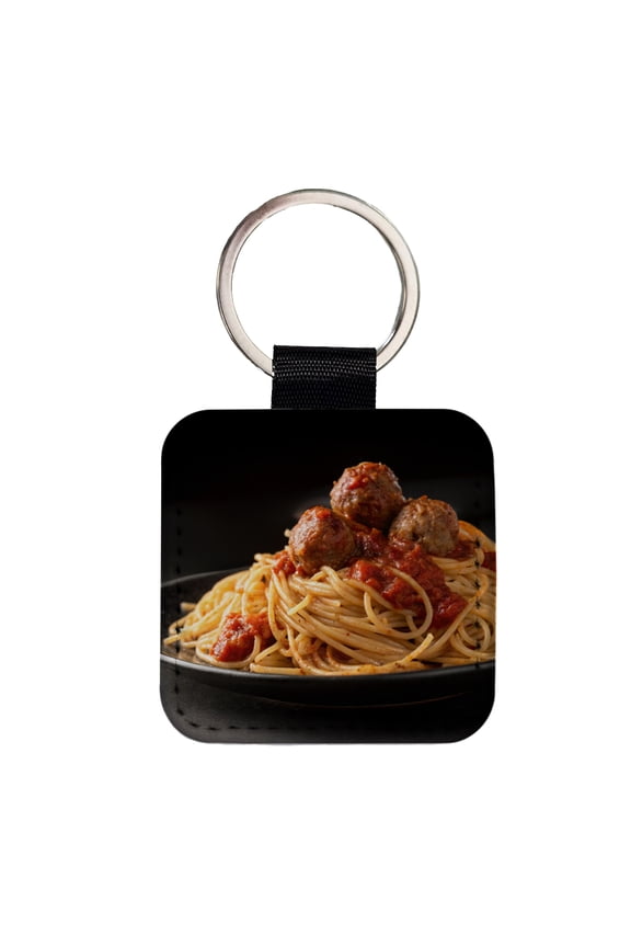 Pasta Spaghetti Sauce And Meatballs Faux Leather Square Keychain