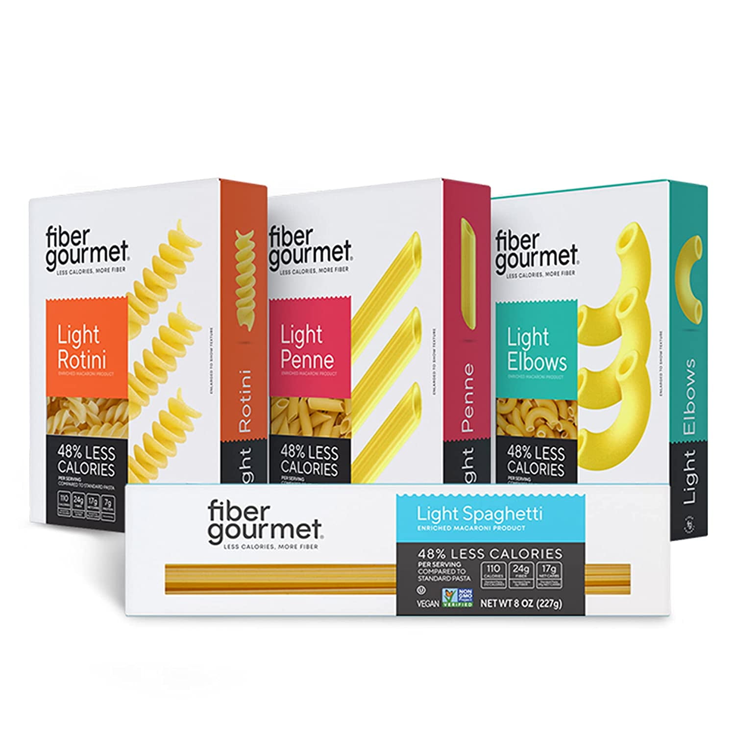 Pasta Variety Pack, 1 8oz Box Each of Spaghetti, Rotini, Penne, Elbows, Low Calorie & Fiber-Rich Pasta Bulk, Made in Italy, Non-GMO, Kosher, Vegan (4-Pack)