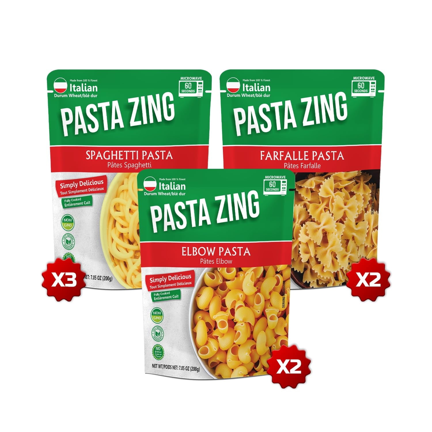 Pasta Zing Microwavable Variety Pasta Pack of 7 | 2x Elbow | 2x Farfalle | 3x Spaghetti | Microwave Pasta Ready To Eat in 60 Sec - Fully Cooked -100% Durum Wheat 7.05 Ounce