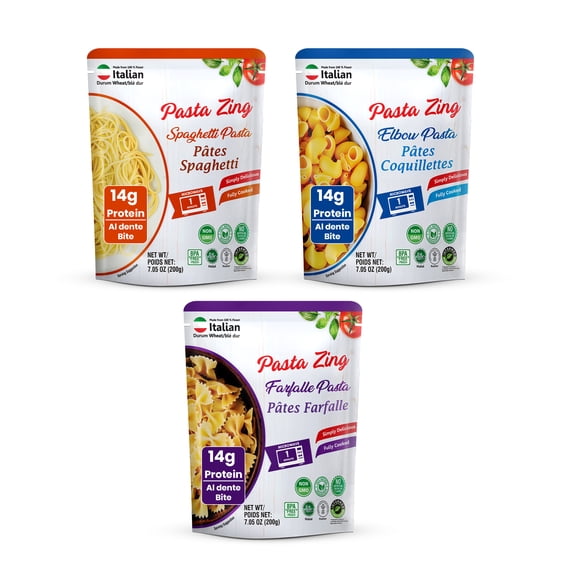 Pasta Zing Ready to Eat Pasta Variety Pack, Fully Cooked Spaghetti, Farfalle & Elbow Pasta, Microwave Ready in 1 Minute, Shelf Stable Pasta, Pack of 7