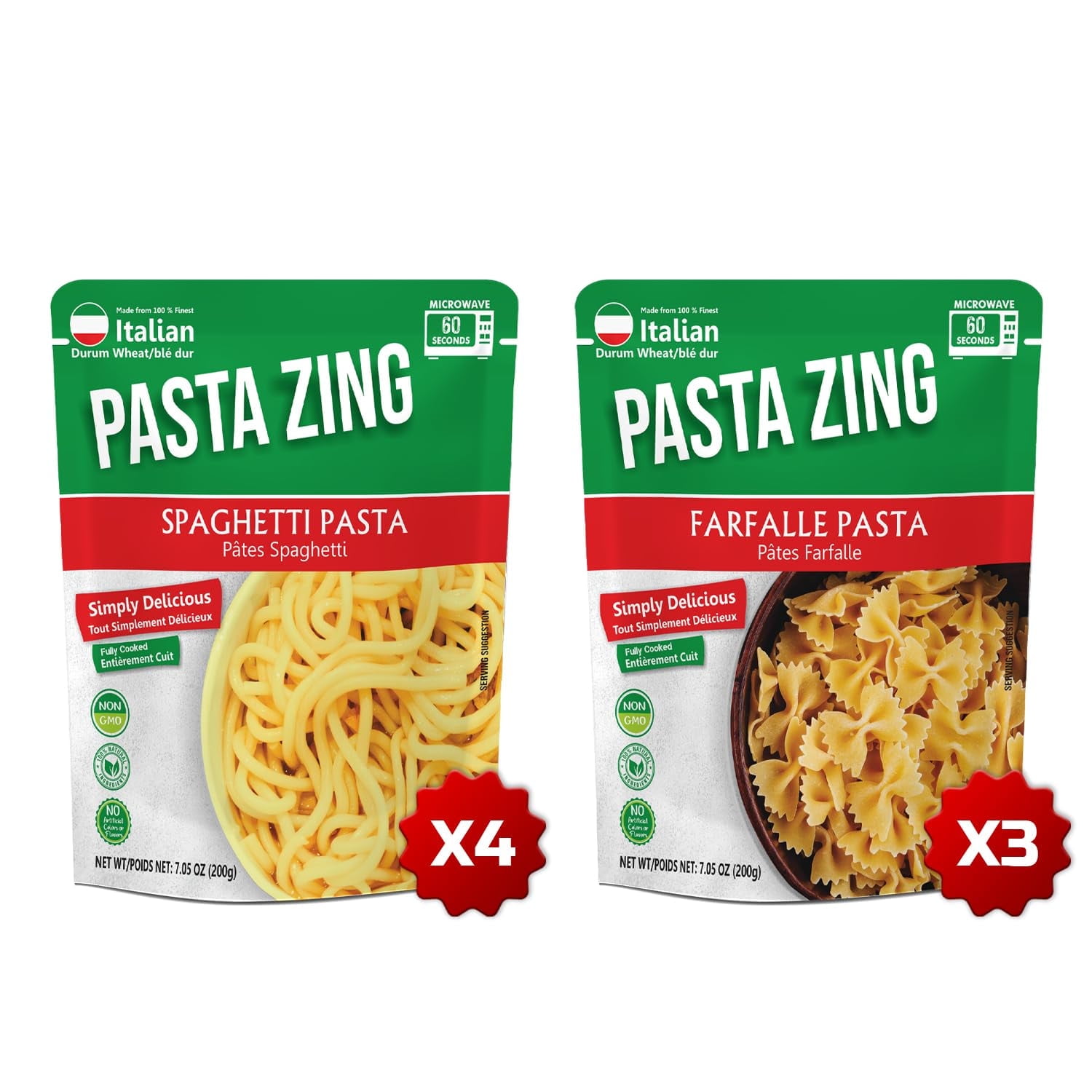 Pasta Zing Microwavable Variety Pasta Pack of 7 | 3x Farfalle | 4x Spaghetti | Microwave Pasta Ready To Eat in 60 Sec - Fully Cooked -100% Durum Wheat 7.05 Ounce