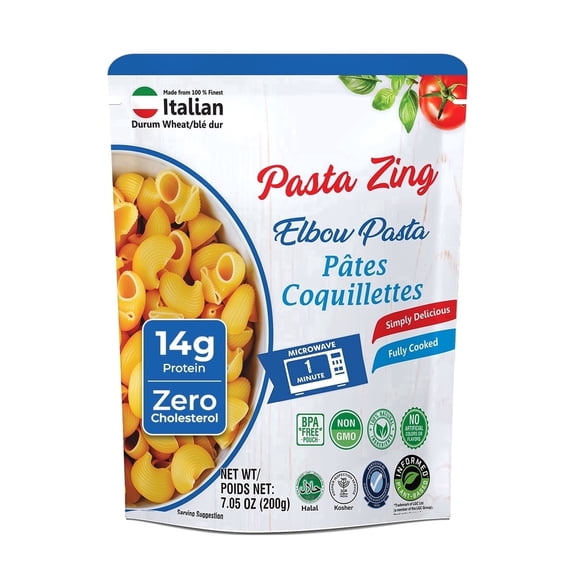 Pasta Zing Elbow Pasta, Ready in 1 Minute, Fully Cooked Elbow Macaroni Pasta, 14g Protein & 4g Fiber Per Pouch, Non-GMO, Shelf Stable, 7.05oz Pack of 7