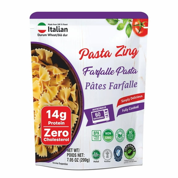 Pasta Zing Farfalle Pasta – Fully Cooked Bow Tie Pasta, Microwave Ready in 60 Seconds, Made with 100% Italian Durum Wheat, Non-GMO, No Preservatives, Halal & Kosher – 7.05 oz (Pack of 7)