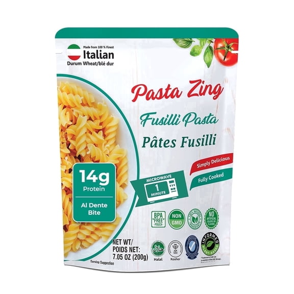 Pasta Zing Fusilli Pasta, Fully Cooked Pasta Ready in 1 Minute, 14g Protein Per Pouch, Perfect Al Dente Bite, Zero Sodium, Non-GMO, Microwaveable Pasta, 7.05oz Pack of 7