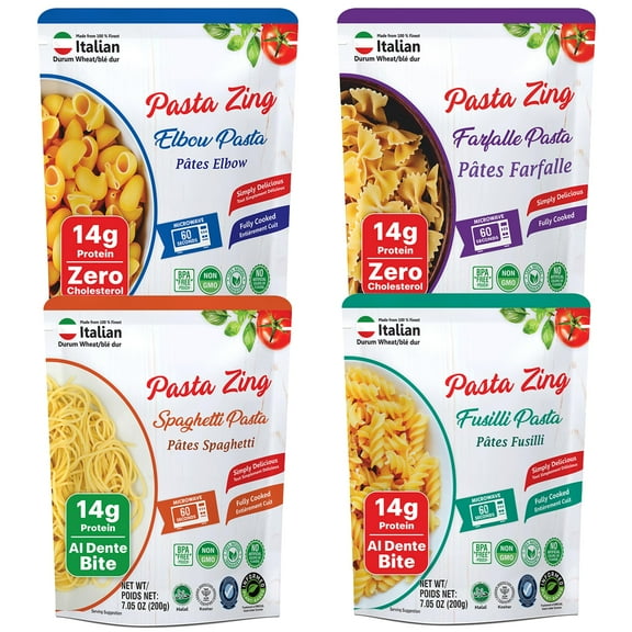 Pasta Zing Microwavable Variety Pasta Pack of 7 | 2x Elbow | 2x Farfalle | 2x Spaghetti | 1x Fusilli Pasta | Microwave Pasta Ready To Eat in 60 Sec - Fully Cooked -100% Durum Wheat 7.05 Ounce