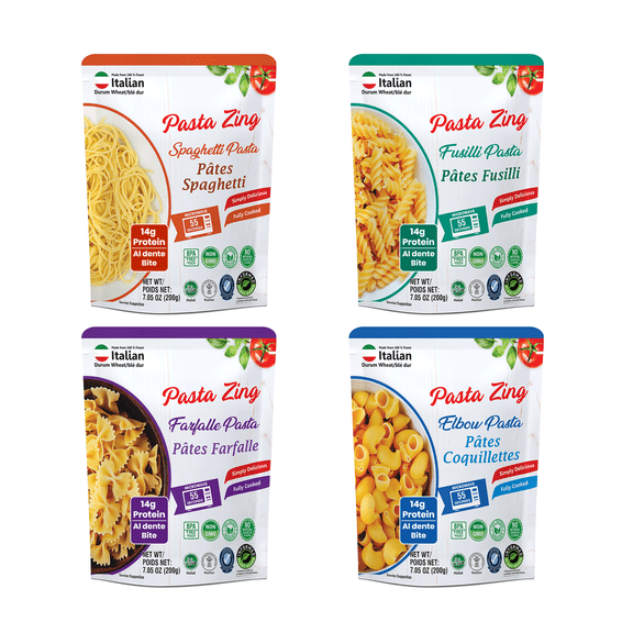 Pasta Zing Variety Pack, 7 Pack – 2 Spaghetti, 2 Farfalle, 2 Elbow & 1 Fusilli Pasta Packs – Fully Cooked – Ready in 1 Minute – Shelf Stable