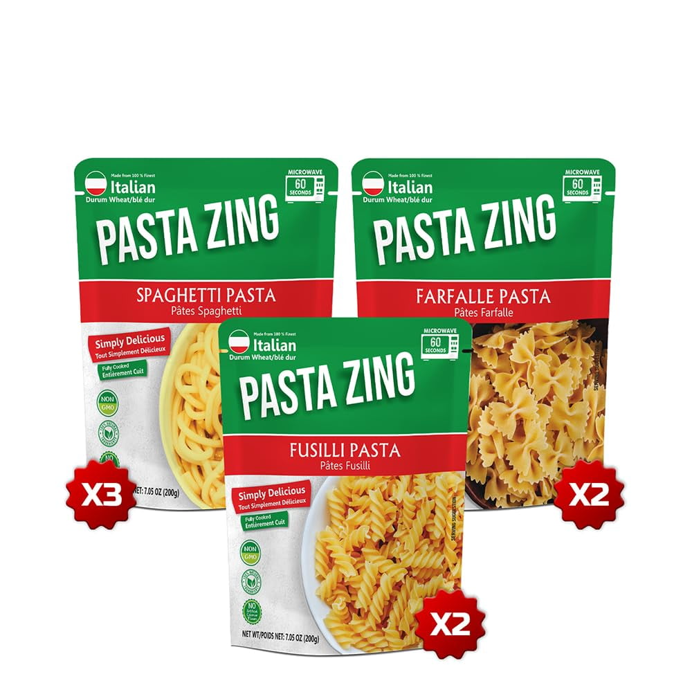 Pasta Zing Microwavable Variety Pasta Pack of 7 | 2x Farfalle | 3x Spaghetti | 2x Fusilli Pasta | Microwave Pasta Ready To Eat in 60 Sec - Fully Cooked -100% Durum Wheat 7.05 Ounce