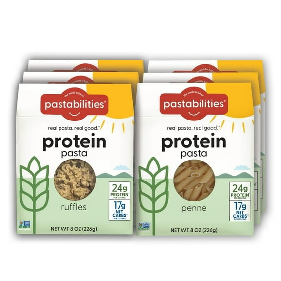 Pastabilities, Protein Pasta, Variety Pack, Contains Penne and Ruffles Shaped Pasta 8 Ounce, Pack of 6 Low Carb and High Protein, Delicious Plant Based Pasta, Keto Friendly Pasta, Vegan, Low Carb