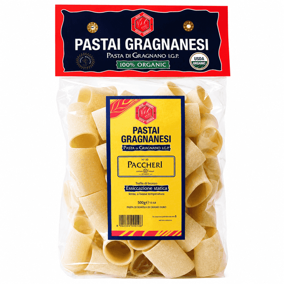 Pastai Gragnanesi Organic Paccheri Pasta di Gragnano IGP, Bronze Die Cut, USDA Organic, Contains Wheat, Egg Free, 17.6 oz (500 g)