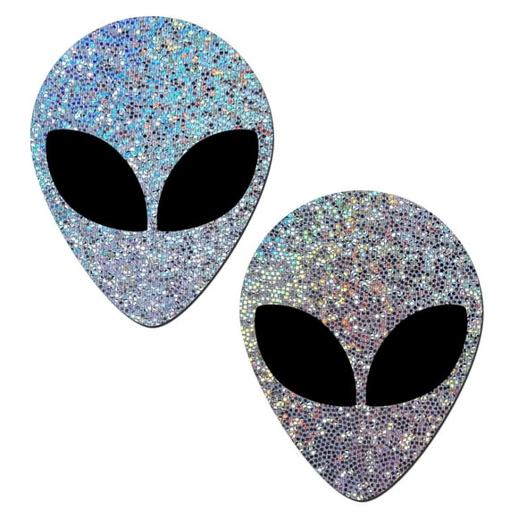 - Nipple Pasties - Alien Glitter Silver Alien with Spacey Black Eyes - Size: 2.4" x 3.1"