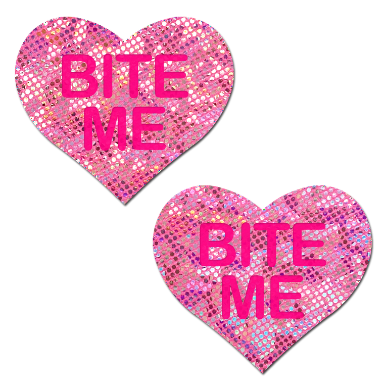 Pastease - Nipple Pasties - Love: Disco Pink Heart with 'Bite Me' - 3 x  2.5 