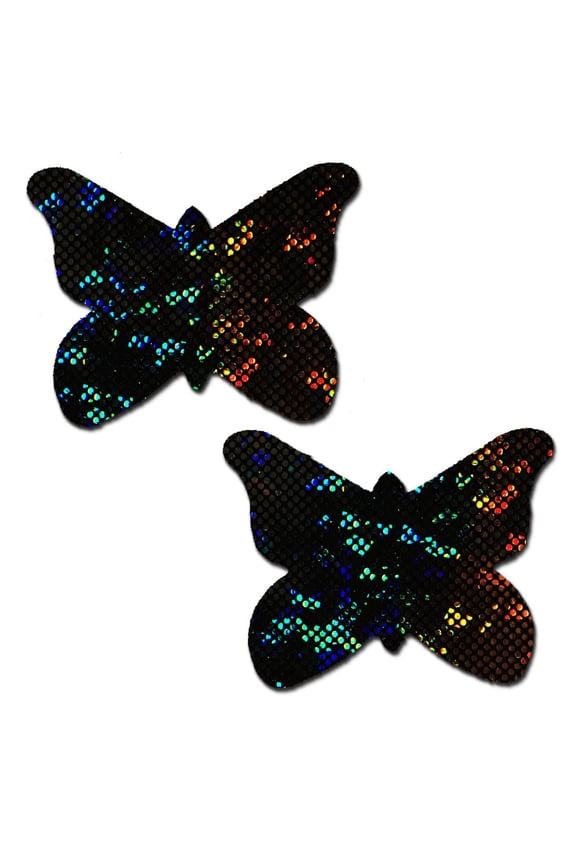 - Nipple Pasties - Shattered Glass Disco Ball Glitter Black Butterflies - 2.7" x 2"
