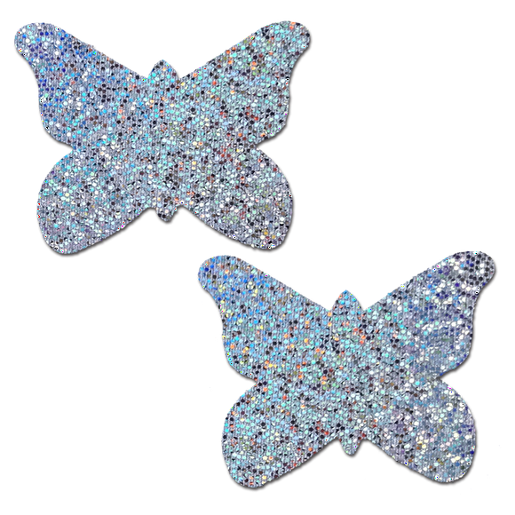 - Nipple Pasties - \Silver Glitter Butterflies - 2.7" x 2"