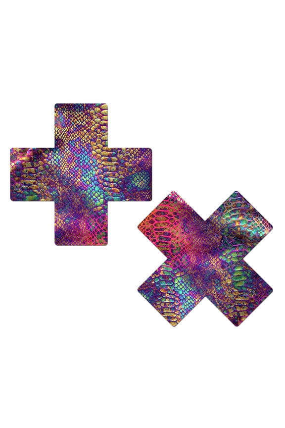 - Nipple Pasties - Neon Rainbow Tie Dye Snake Print Cross Pastease - 3" x 3", One Size