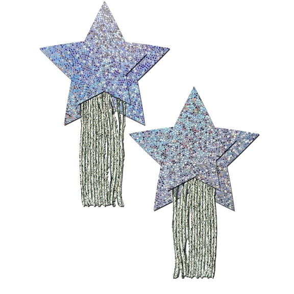 PASTEASE Tassel Pasties - Nipple Covers for Lingerie, Raves, & Festivals | Halloween Accessory | Latex Free & Made in USA (Glitter Silver Tassel Stars)