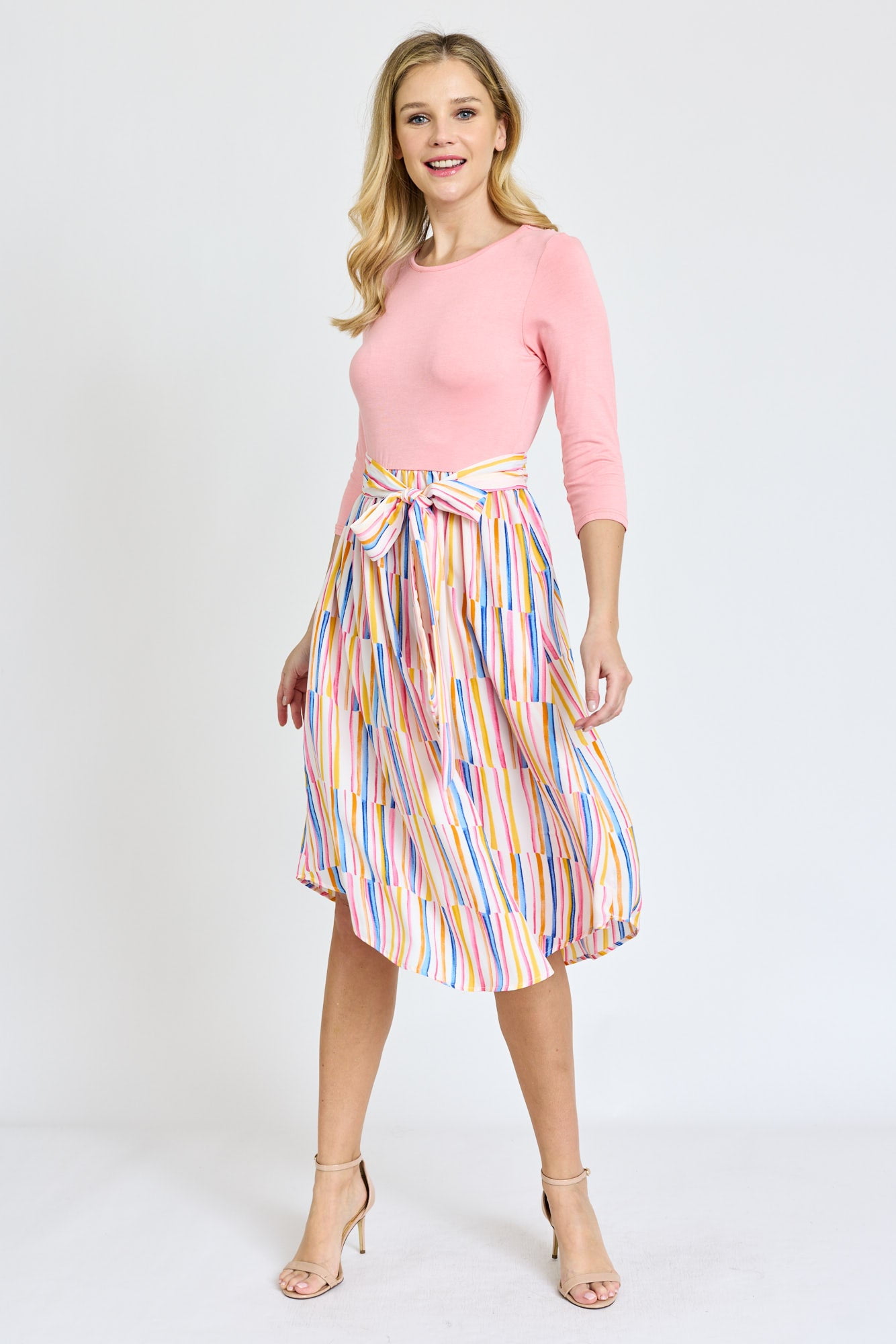 Eloges Pastel 3/4 Sleeve Ivory Water Color Stripe Sash Midi Dress | S-3x, Women's, Size: Small Eloges Pastel 3/4 Sleeve Ivory Water Color Stripe Sash Midi Dress | S-3x, Women's, Size: Small