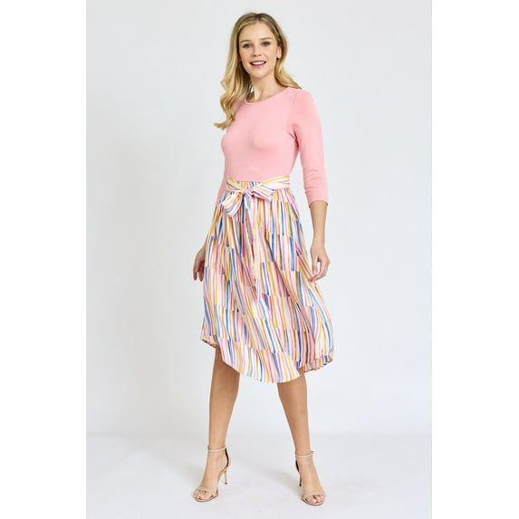 Pastel 3/4 Sleeve Ivory Water Color Stripe Sash Midi Dress | S-3X