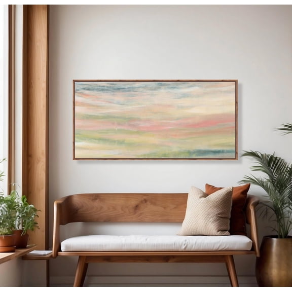Pastel Abstract Landscape Canvas Wall Art Blush Pink Green Panoramic Sunset, Unframed Poster