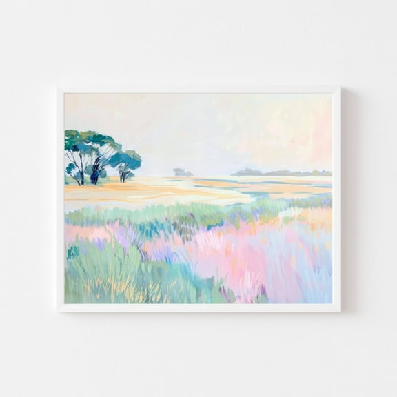 Pastel Abstract Landscape Painting Colorful Pink Field Wall Art Print Whimsical Impressionist Spring Summer Wall Art Decor For Home Office, 12x18 UNFRAMED