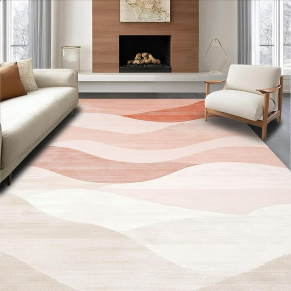 Pastel Abstract Wave Motif Soft Area Rug, Non Slip, Stain Resistant, Washable Area Rugs for Living Room, Bedroom, Featuring Flowing Curved Lines (Peach) 3x5ft
