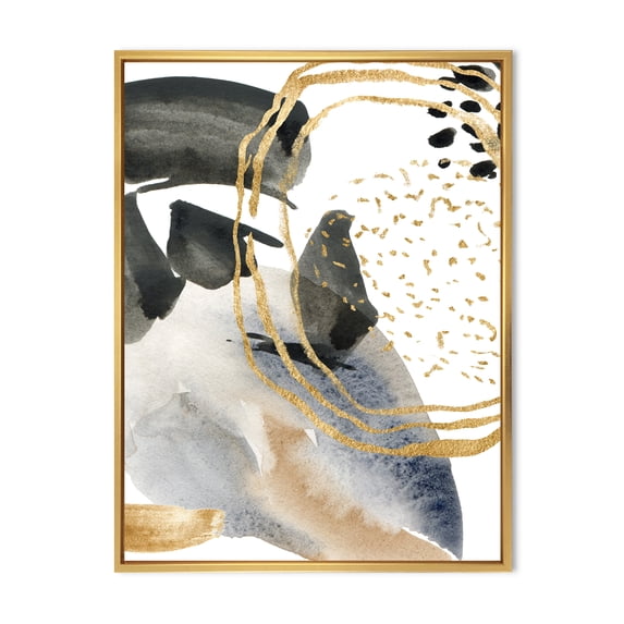Pastel Abstract With Black Blue Beige and Gold Spots 12 in x 20 in Framed Painting Canvas Art Print, by Designart