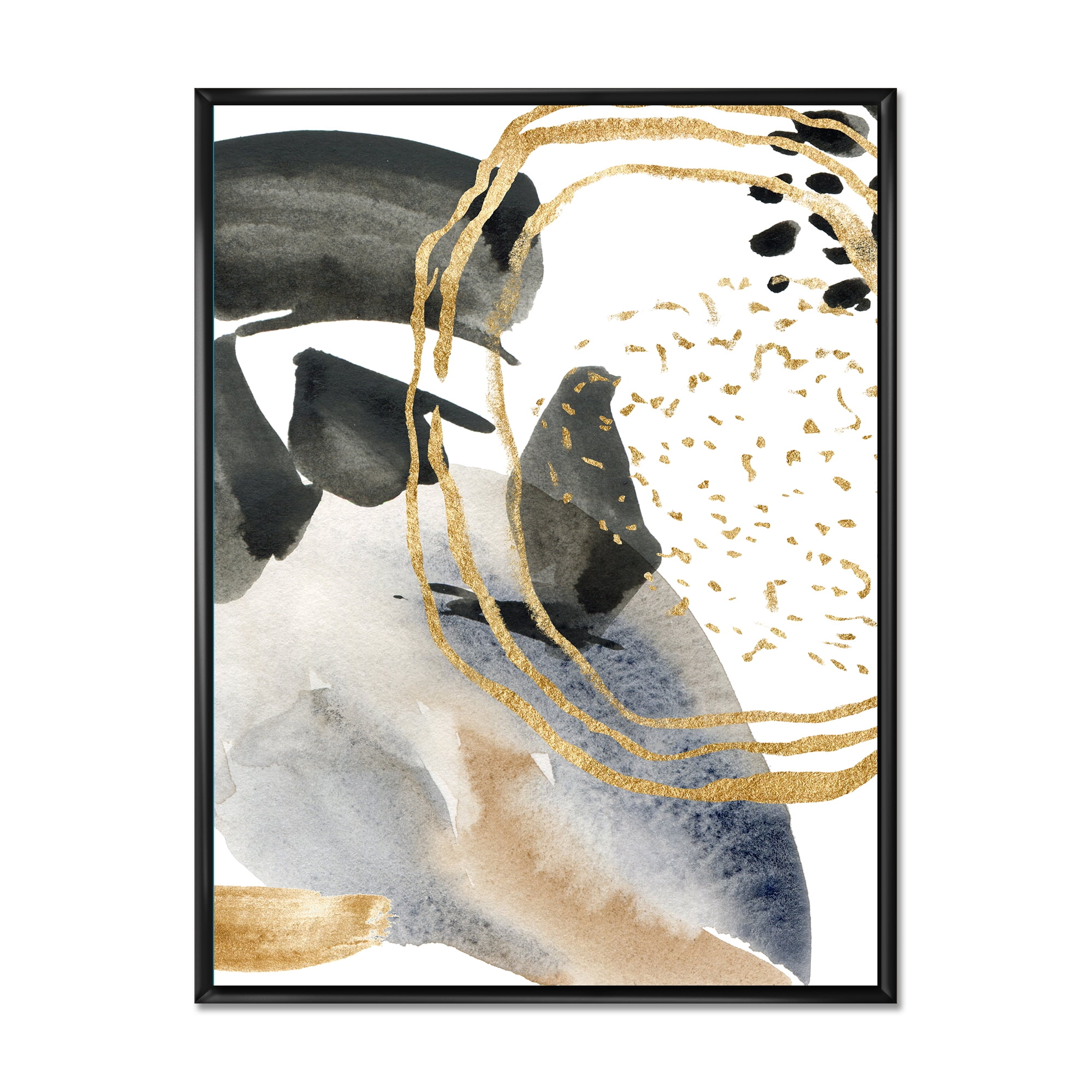 Pastel Abstract With Black Blue Beige and Gold Spots 30 in x 40 in Framed Painting Canvas Art Print, by Designart
