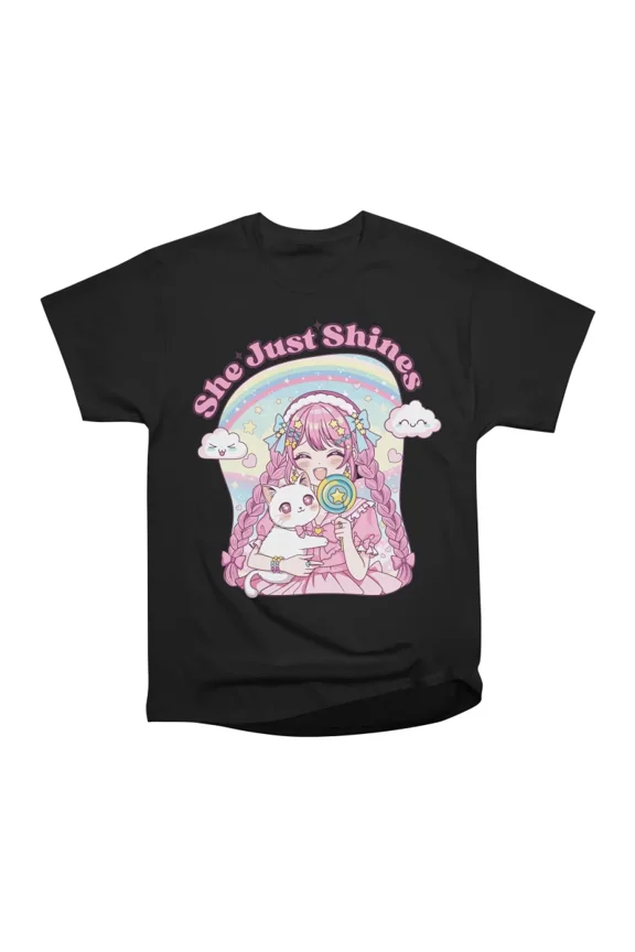 Pastel Aesthetic Japanese Kawaii Cat Decora Anime Girl T-Shirt Tee Gift For Him Merch For