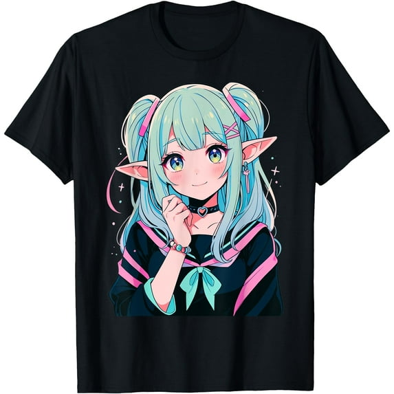 Pastel Anime Girl Kawaii Waifu Elves Girl Softstyle Unisex T-Shirt,Black Color,Size YXS