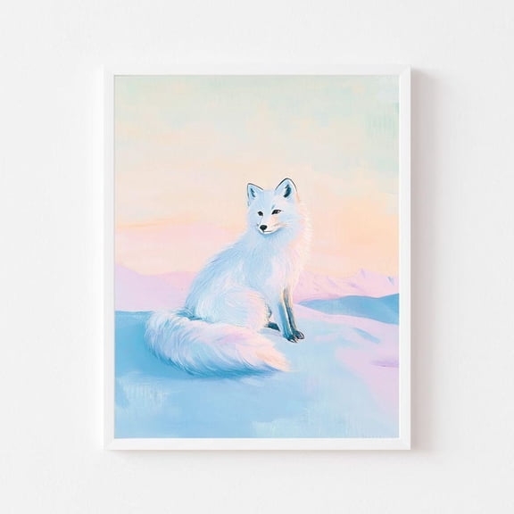 Pastel Arctic Fox Painting Colorful Winter Animal Wall Art Print Snowy Landscape Watercolor Style Tundra Sunset Wall Art Decor For Home Office