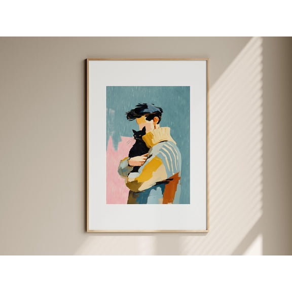 Pastel Art Dark Haired Man Black Cat Masculinity Wall Art, Unframed Paper Poster 8x10in