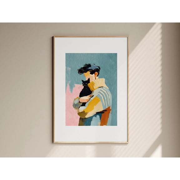 Pastel Art Dark Haired Man Black Cat Masculinity Wall Art, Unframed Paper Poster 8x10in