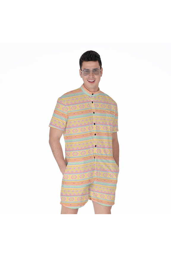 Pastel Aztec Tribal Pattern Short Sleeve Men'S Rompers Casual Summer Jumpsuits Outfit