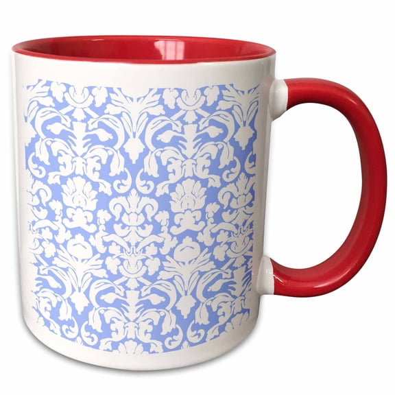 3drose, Pastel Baby Blue and White French Floral Fancy Damask Pattern - Classic Classy Elegant and Stylish, 11oz Two-tone Red Mug
