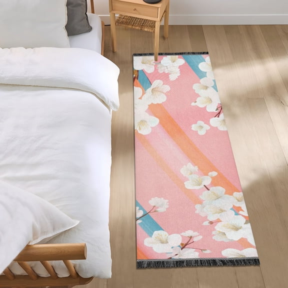 Pastel Background Plum Blossom Flowers Bedside Runner Rug 2'x 6' Non Slip Carpet Floor Mat Area Rug