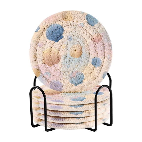 Pastel Background Shells Bubbles Drinking Coasters Cup Mat with Holder for Kitchen Cafe Bar 6 Packs