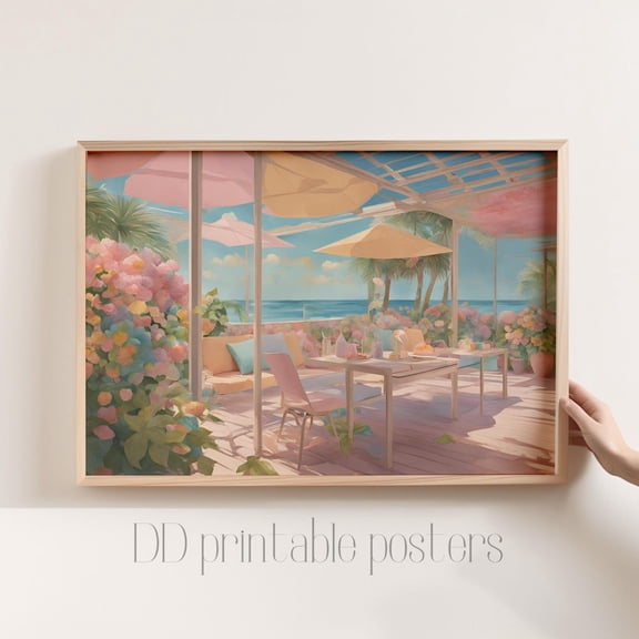 Pastel Balcony Print, Summer Beach Terrace, Ocean View Home Decor #1330, Unframed Poster Size 8x12