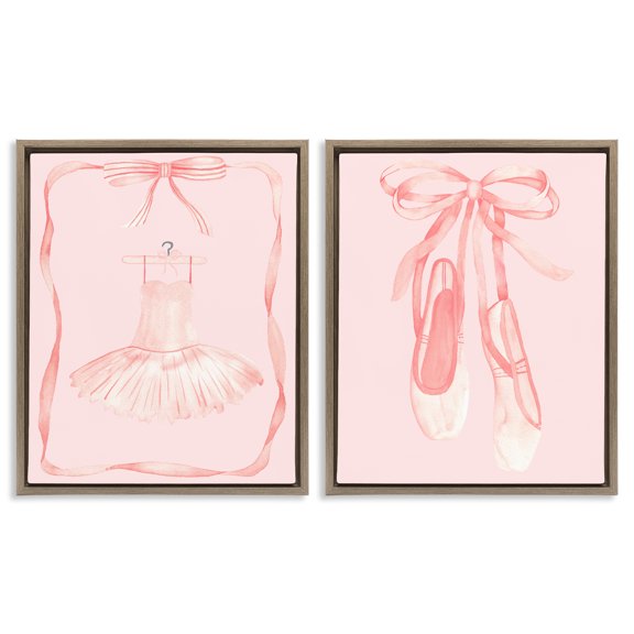 Stupell Industries Pastel Ballerina Dress & Slippers 2 Piece Brown Framed Floater Canvas Set, design by Nina Jacobs, 21 x 17