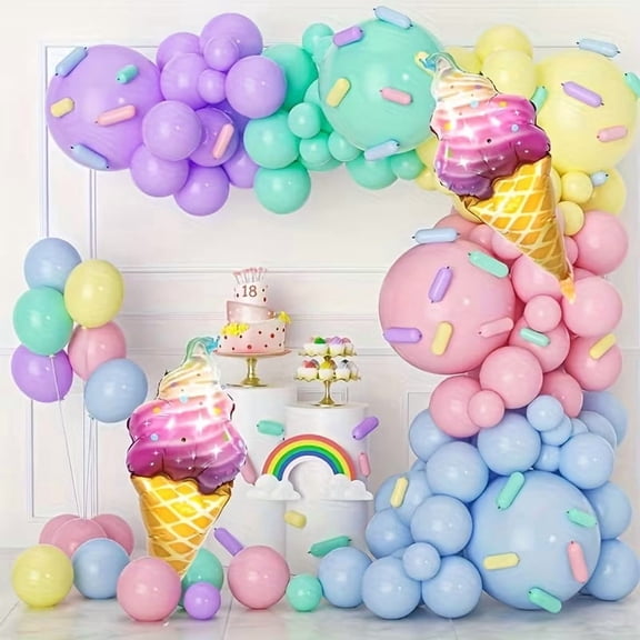 Pastel Balloon Garland Arch Kit - 142pcs Macaron Rainbow & Ice Cream Foil Balloons for Birthday Party Decorations