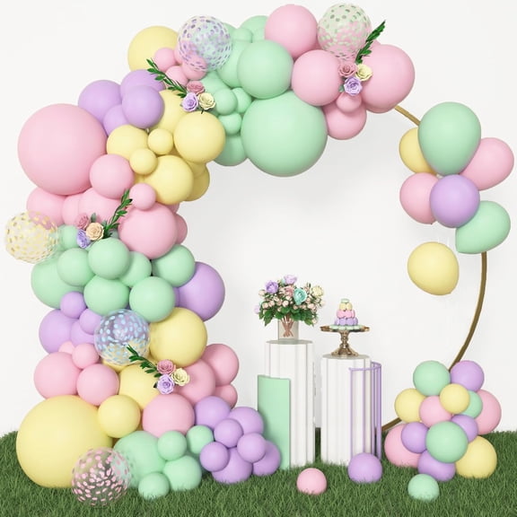 Pastel Balloons Garland Arch Kit, Pastel Pink Yellow Green Purple Confetti Balloons for Spring Shower Wedding Wildflower Birthday Party Decorations