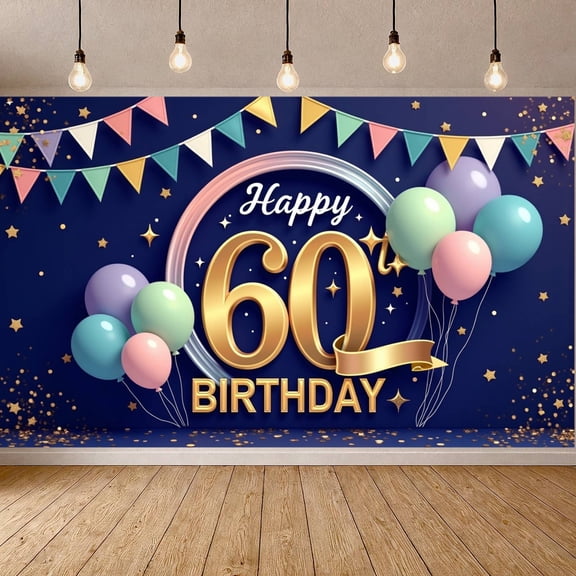 Pastel Balloons Happy 60th Birthday Banner Golden Number Design 60th Birthday Display Dark Blue Background Glitter Star Decor Birthday Backdrop for 60th Birthday Party Adult Birthday Celebration