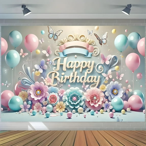 Pastel Balloons Happy Birthday Backdrop Pink Blue Flowers Butterflies Happy Birthday Balloon Banner Happy Birthday Photography Background for Girls Kids Flower Balloon Background Decorations