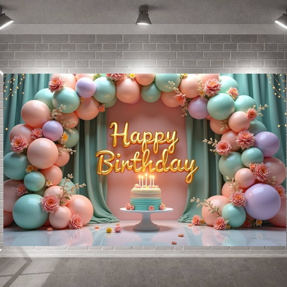 Pastel Balloons Happy Birthday Banner Golden Letters Birthday Party Backdrop Floral Decorations Cake Celebration Display for Birthday Party Indoor Event Photo Shoot