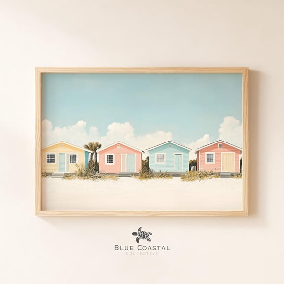 Pastel Beach Houses Art St. George Island Florida Coastal Wall Decor Neutral Beach Print Boho Decor Living Room Wall Art, Unframed Paper Print