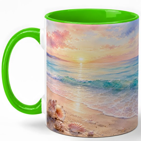 Pastel Beach Sunrise 11oz Ceramic Mug, Seashell Shore Coffee Cup